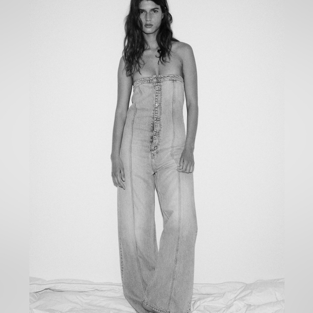 ZARA Denim Strapless Jumpsuit Size M